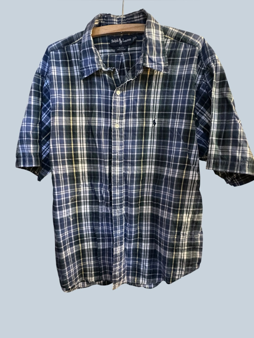 Ralph Lauren Blake Shirt Mens XL Blue Green Plaid Short Sleeve Button Down